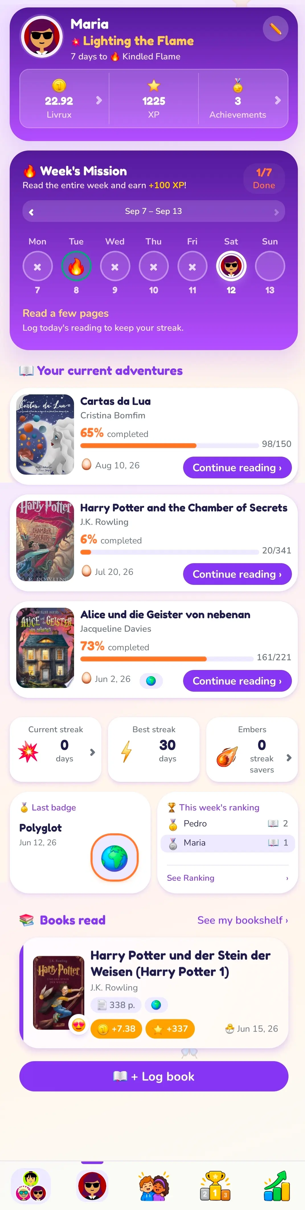 Livrux reader dashboard showing current books, weekly reading mission, streak and achievements